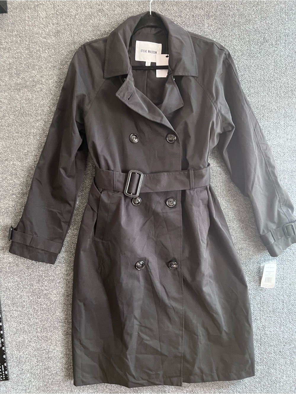 Steve Madden Black Double-Breasted Classic Trench Coat with Belted Waist NWT